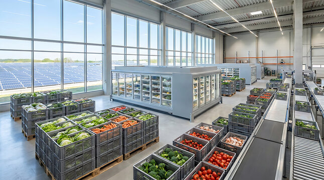 Modern industrial warehouse facility filled with crates of fresh vegetables and refrigerated storage units for food distribution
