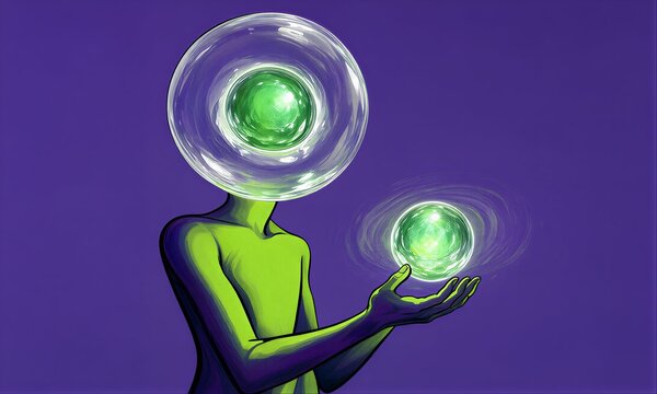 A green figure with a glass head holds glowing orbs against a purple backdrop.