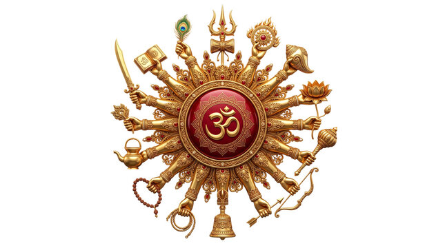 Golden hindu goddess durga arms with sacred symbols isolated on white isolated on transparent background