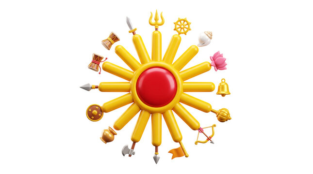 3d render of hindu deity attributes arranged in a circle isolated on transparent background