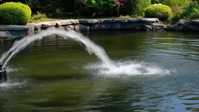 Pond fountain arcing into water