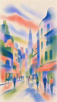Colorful abstract cityscape with people, perfect for mobile wallpaper.