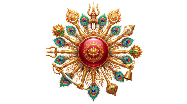 Golden hindu deity arms with peacock feathers and lotus isolated on transparent background