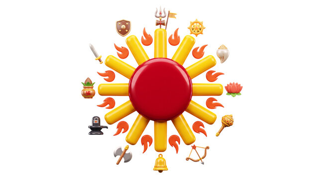 3d render of sunshaped icon with hindu religious symbols isolated on transparent background