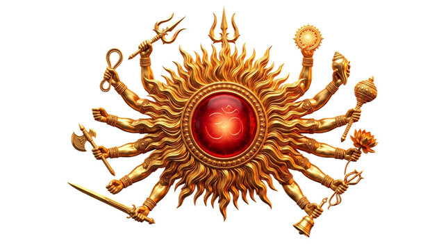 Golden hindu goddess arms with weapons isolated on white isolated on transparent background
