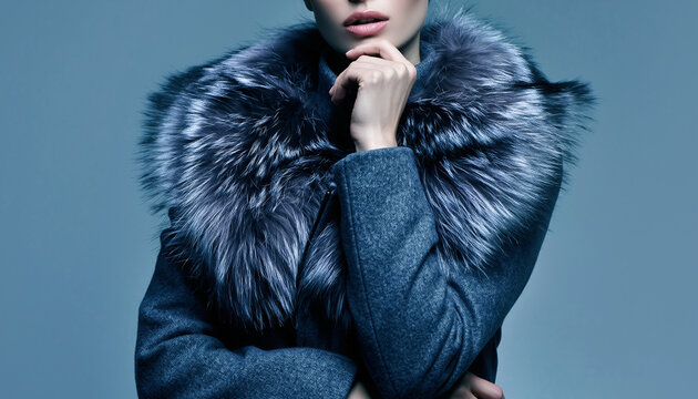 Elegant woman wearing a luxurious grey wool coat featuring a large fluffy silver fur collar detail