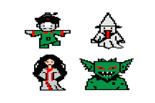 pixel art of spooky Chinese ghosts including Jiangshi hopping vampire, female spirit, and traditional mythical monsters with talisman seals isolated on white.