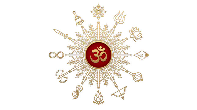 Sacred hindu om symbol with divine attributes and weapons isolated on transparent background