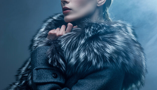Elegant woman wearing luxury fur collar coat in blue studio lighting with soft hazy atmospheric mist