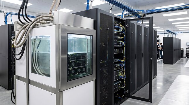 Liquid immersion cooling tanks and server racks with transparent glass panels are positioned inside a modern, clean data center facility with blue overhead pipes and reflective flooring.