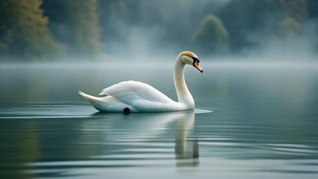 Swan gliding across a misty lake