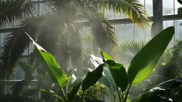 Mist drifting over palm house leaves