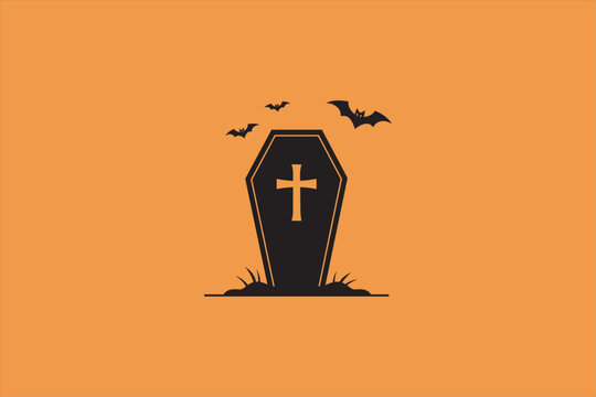Halloween coffin with cross and flying bats on orange background in flat 2D style. Vector illustration for Halloween design.