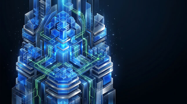 Abstract glowing futuristic server tower with glowing green circuits against a deep blue void