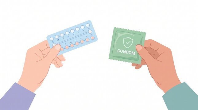 Hands holding birth control pill pack and condom
