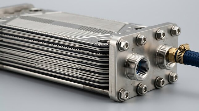 A compact stainless steel plate heat exchanger unit with stacked metallic plates, bolted end flange, and connected blue fluid hose rests against a plain grey studio background.
