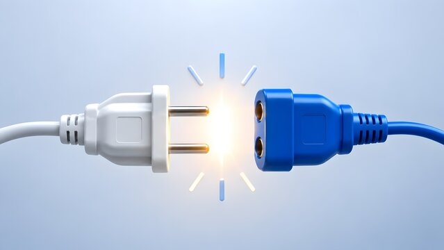 Electric plug and socket connecting with a glowing spark visualizing electrical power connection energy transmission and technological integration concepts