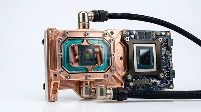 A copper liquid cooling block module for dual computer processors displays internal cooling channels and connected black flexible hoses against a solid white studio background.