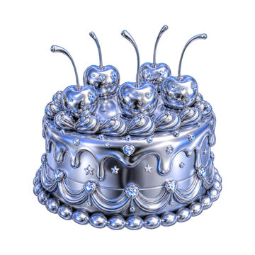 PNG Luxury metallic cake with cherries, hearts, and ornate decorations, transparent background