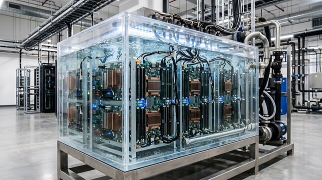 A large transparent acrylic immersion cooling tank filled with fluid displays submerged server blade modules and internal wiring inside an industrial technology facility.