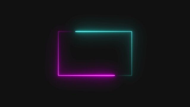 Abstract neon glowing rectangle frame with bright purple and green light lines on a dark background for modern digital design template and artistic technology border element concept