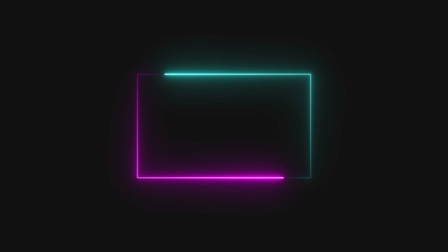 Two overlapping neon glowing rectangular frames in bright green and purple colors on a dark black background representing a modern digital border design element for technology themes
