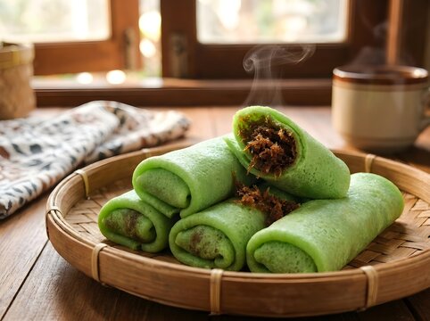 Traditional Indonesian dadar gulung, soft green pandan crepes filled with sweet caramelized grated coconut