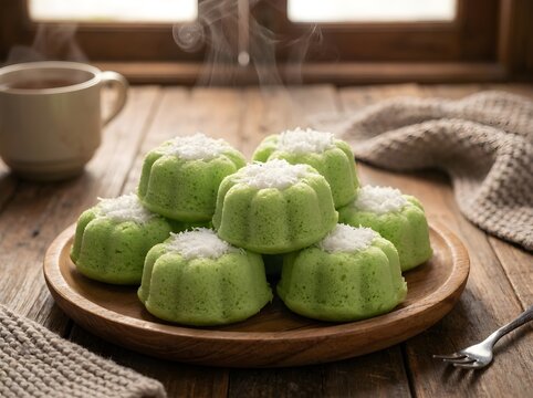 Traditional Indonesian putu ayu cakes, soft green pandan steamed cakes topped with freshly grated coconut