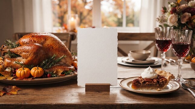 Empty rustic blank white card standing on a wooden dining table featuring a traditional roasted turkey dinner and pumpkin pie for festive holiday feast