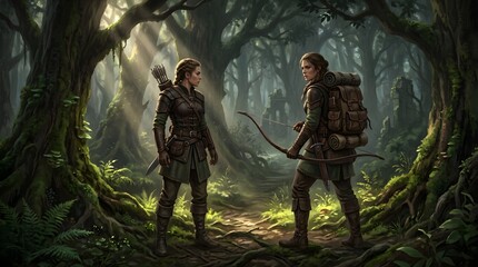Obraz premium Two fantasy rangers, a female ranger and her companion, exploring a dense ancient forest illuminated by sunlight beams, adventure concept, digital art illustration.