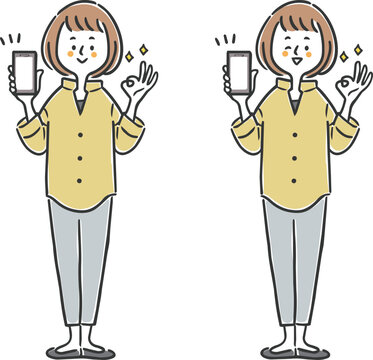 スマホを持ちOKサインをする女性　全身　ベクター