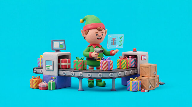 A cheerful 3d clay elf scanning Christmas parcels on conveyor belt