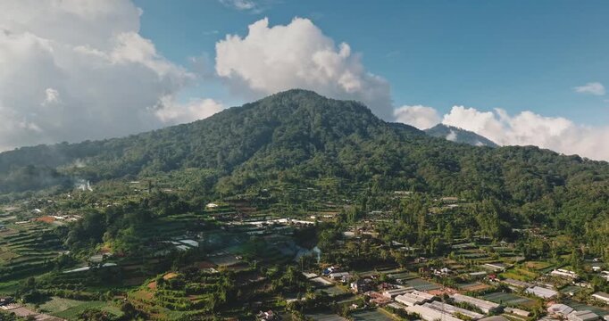 Traditional Balinese village at the foot of lush green forested mountain peak, agricultural fields, scattered homes and a bright blue sky, serene rural scene in Bali, Indonesia. Aerial drone flight