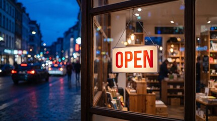 Obraz premium Illuminated Open Sign Hanging in a Cozy Boutique Window on a Bustling City Street at Dusk with People Browsing and Evening Traffic