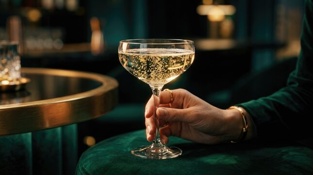A hand holding a stemmed glass of sparkling champagne in a dimly lit bar with dark green velvet furniture and warm golden ambient lighting