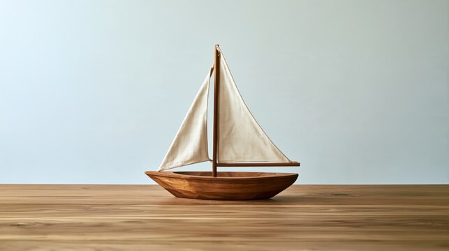 Small wooden sailboat decoration piece on a wooden table with empty background