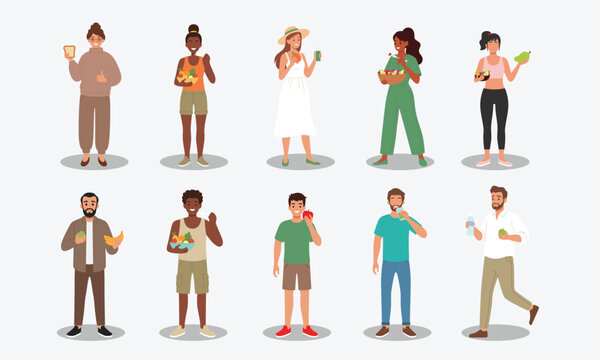 Peoples eating healthy food vector graphic collection