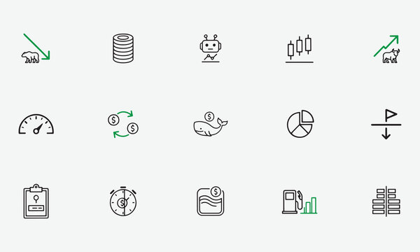 Business analytics and financial chart vector icons showing market trends and data with analytics financial business decrease increase speedometer exchange currency clipboard