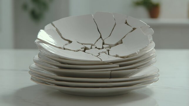 Stacked broken ceramic plates showcasing fracture patterns and textures