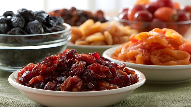 A variety of dried fruits displayed in bowls  including raisins  apricots  prunes  and golden dried fruit  arranged on a green cloth