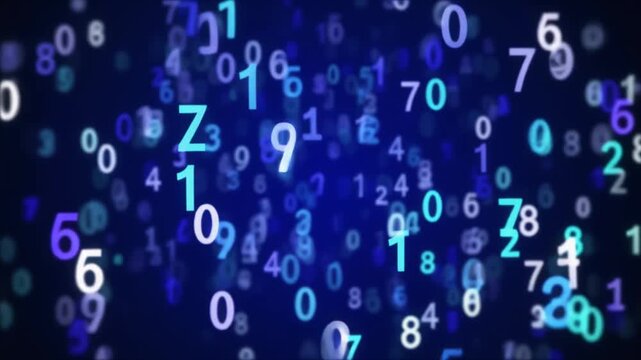 Abstract digital data background with glowing blue and white numbers floating in a dynamic cyber space
