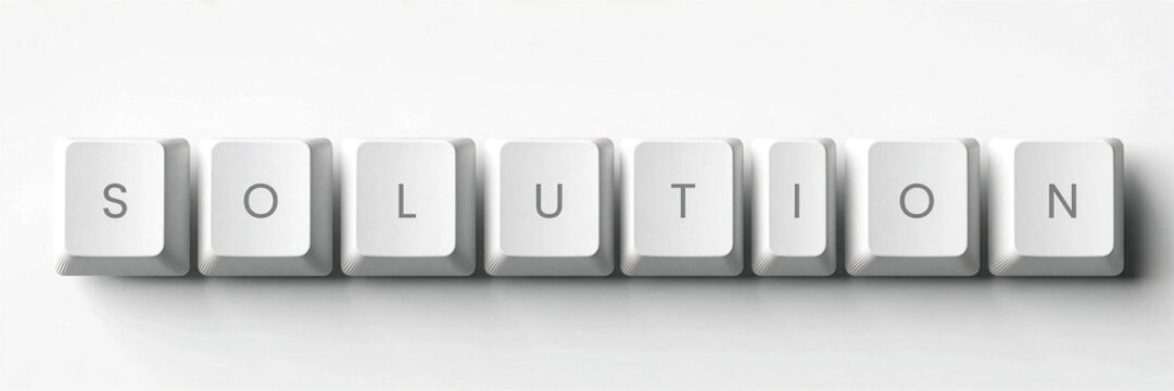 Computer keyboard keys spelling the word solution on a clean white background representing technology, problem-solving, and digital success concepts