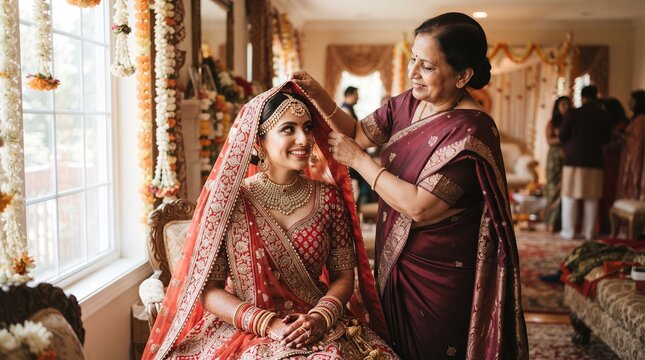 Indian bride getting ready with her mother on wedding day indoors