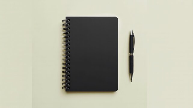Black spiral notebook with pen on light background for writing and office use