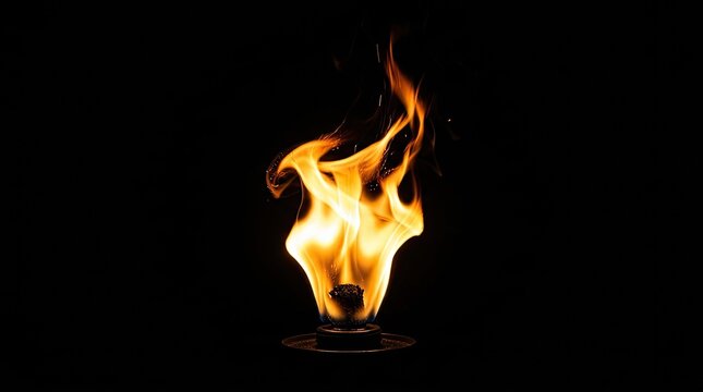 A small flame dances intensely on a dark surface. The fire emits bright orange and yellow hues, creating a dramatic and captivating visual.