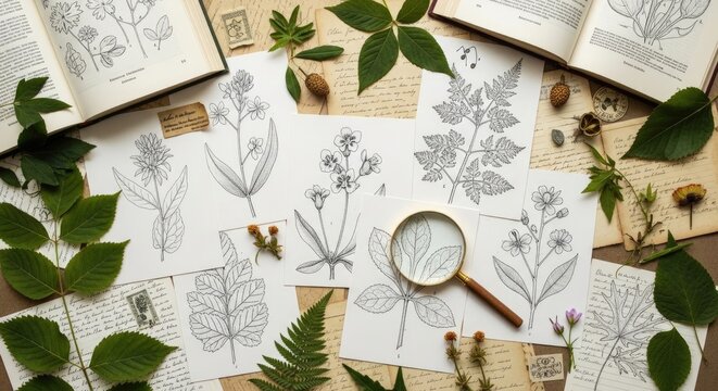 A botanist examines detailed botanical illustrations and real plant specimens.