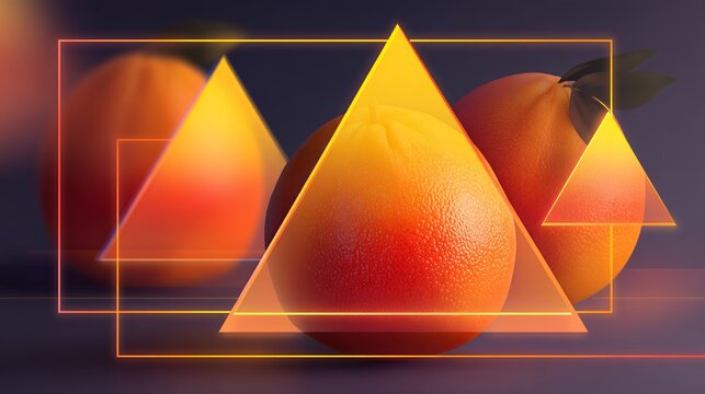 abstract halloween composition with glowing neon triangles and fresh oranges on dark background for modern holiday overlay graphic