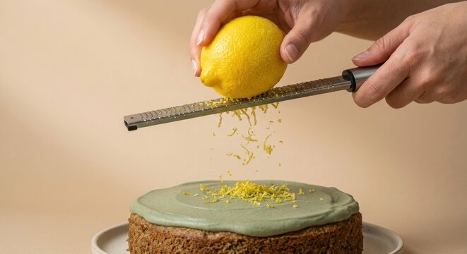 Professional baker hands grating fresh yellow lemon zest using a stainless steel zester over a homemade sponge cake topped with green cream frosting, adding aromatic garnish to a gourmet dessert.