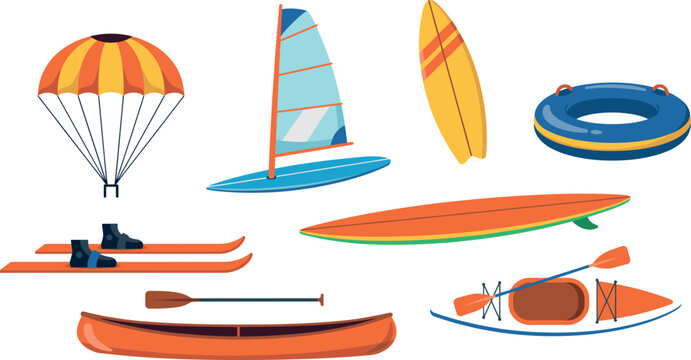Water sports equipment vector cartoon set illustration with surfboard windsurfing kayak canoe parasailing water skis activity elements pack