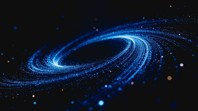 A digital abstract spiral galaxy composed of glowing blue particles set against a dark cosmic background, illustrating space and science concepts.